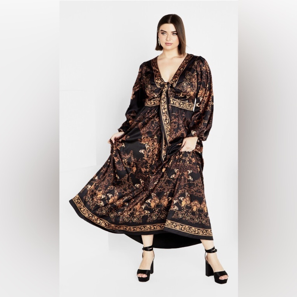 🎀 NEW CITY CHIC Ivanna Print V neck satin  Maxi Dress - gold 14 xs